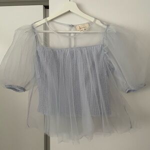 Anthropologie Powder Blue Sheer Puff-Sleeve Smocked Top